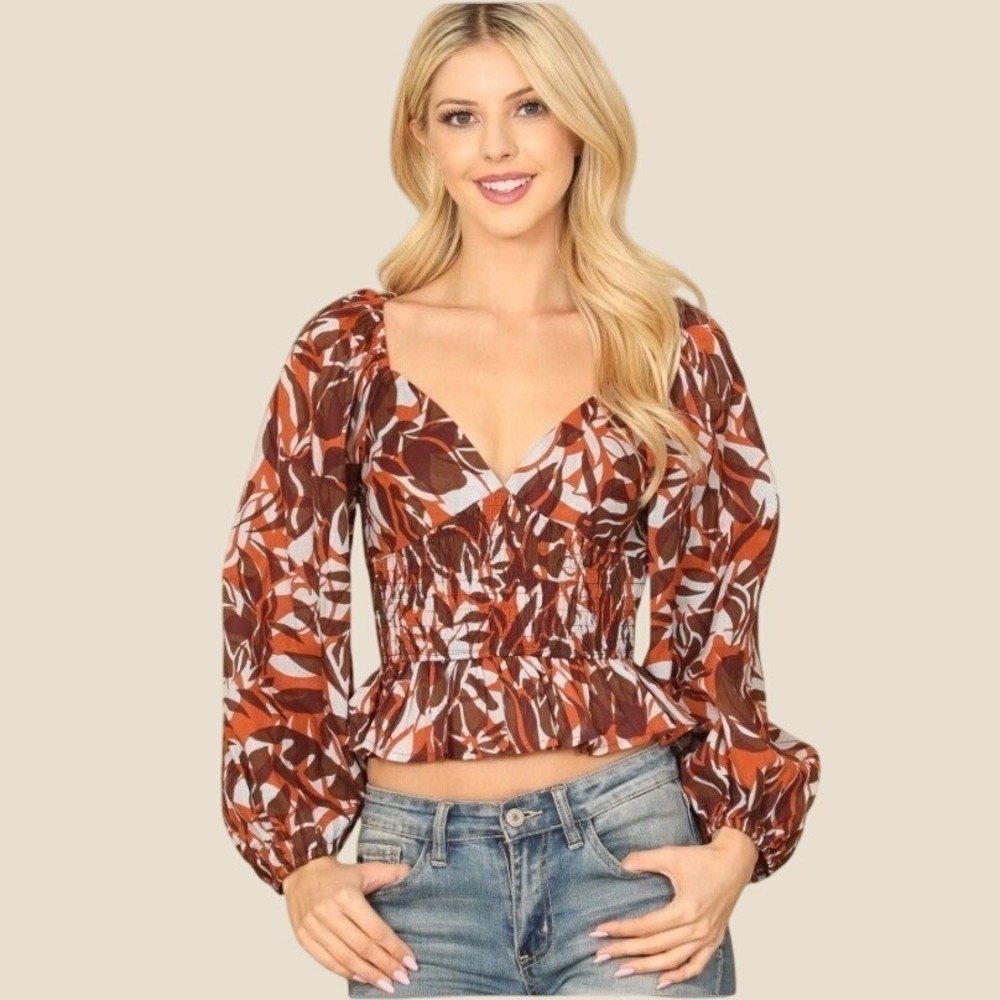 Olivaceous Tropical Leaf Smocked Peplum Crop Top Brown S Earthy Puff‎ Sleeve